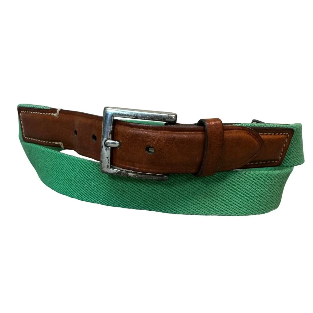 Trafalgar Mens Green Woven Fabric Brown Leather Belt Silver Tone Buckle 55 Inch